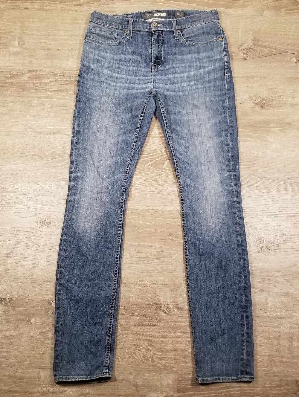 BKE Denim Alec Jeans Mens 34L 34x34 Blue Denim Straight Leg Skinny Distressed